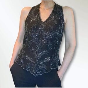 JMD New York Black Beaded Sleeveless Halter Top Dressy Medium
